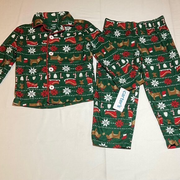 Carter's Boys Size 4 2 Piece Coat Style Green Fair Isle Christmas Pajamas NWT - Picture 1 of 10